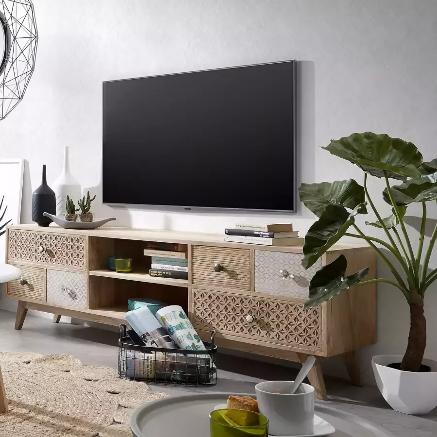 Kave Home Hoob massief mangohouten TV-meubel met 6 laden 160 x 51 cm