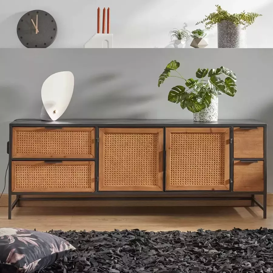 Kave Home Kyoko TV-meubel van dennenhout en zwart metaal met 2 euren en 4 laden 150 x 55 cm - Foto 1