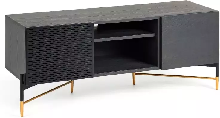 Kave Home Milian 2-deurs tv-meubel van essenhoutfineer met zwart & goud staal 141 x 56 cm (mtk0002) - Foto 2