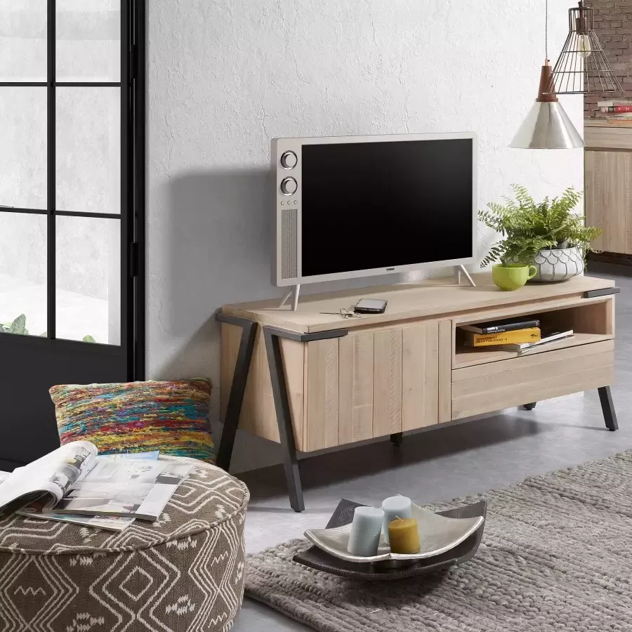 Kave Home Thinh tv-meubel 1 deur en 1 lade van massief acaciahout en zwart staal 125 x 53 cm (mtk0013)