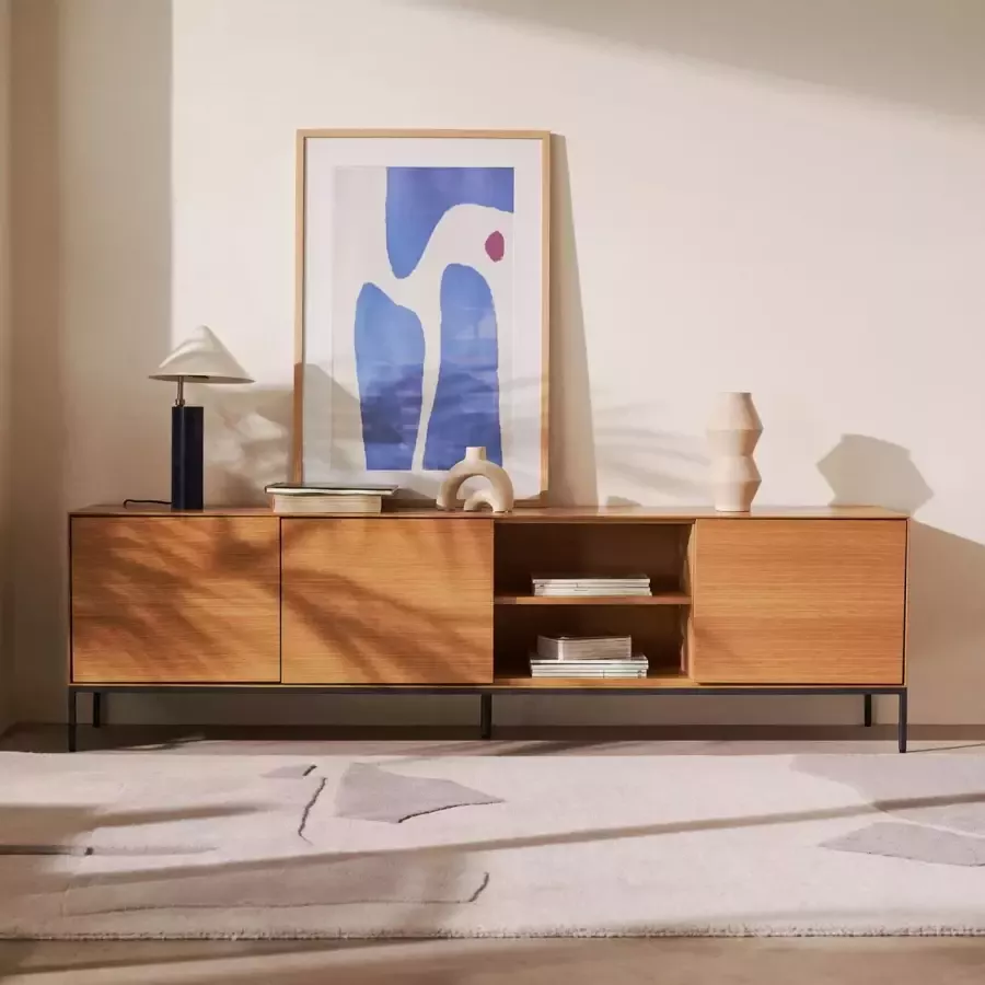 Kave Home Vedrana TV-meubel met 3 laden in eikenfineer met stalen poten 195 x 55 cm - Foto 1