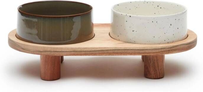 Kave Home Voerbak Dumbi Set van 2 stuks Keramiek Met houten standaard Naturel