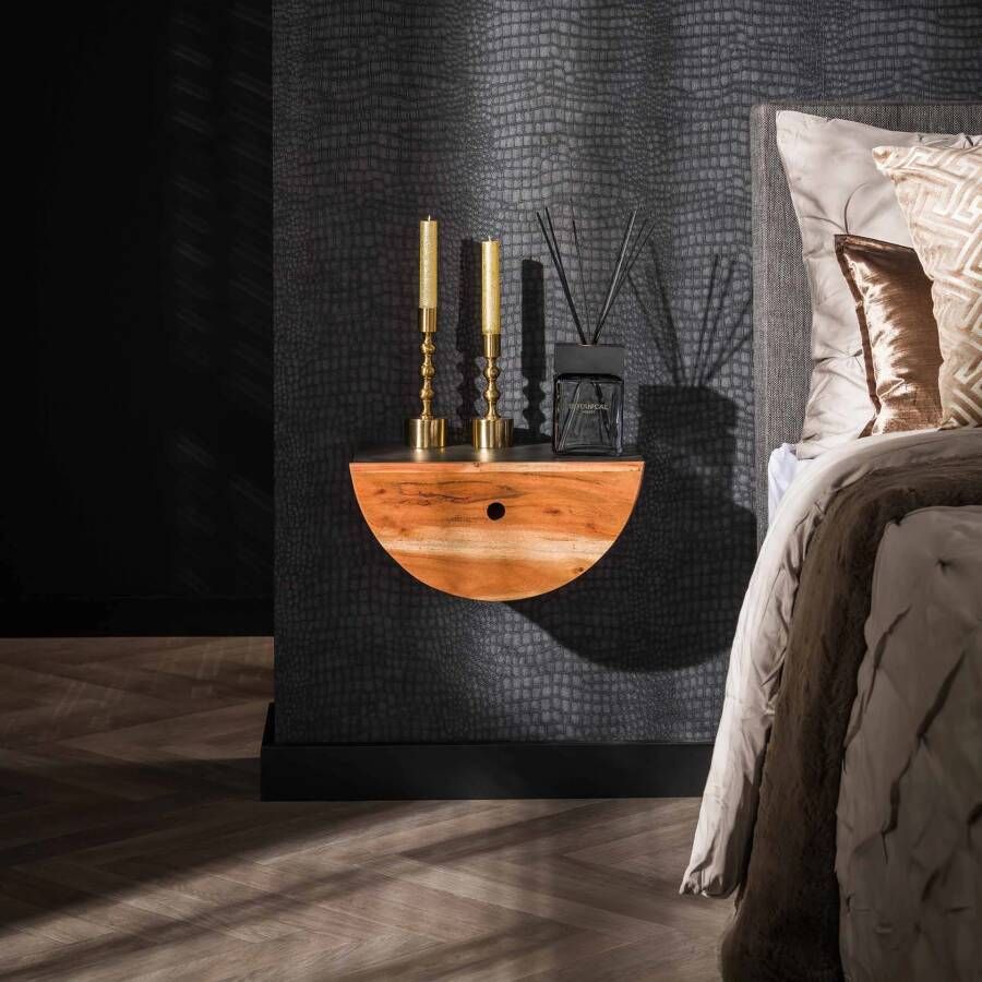 LifestyleFurn Hangend Nachtkastje Kimani Set van 2 stuks acaciahout metaal Massief acacia naturel