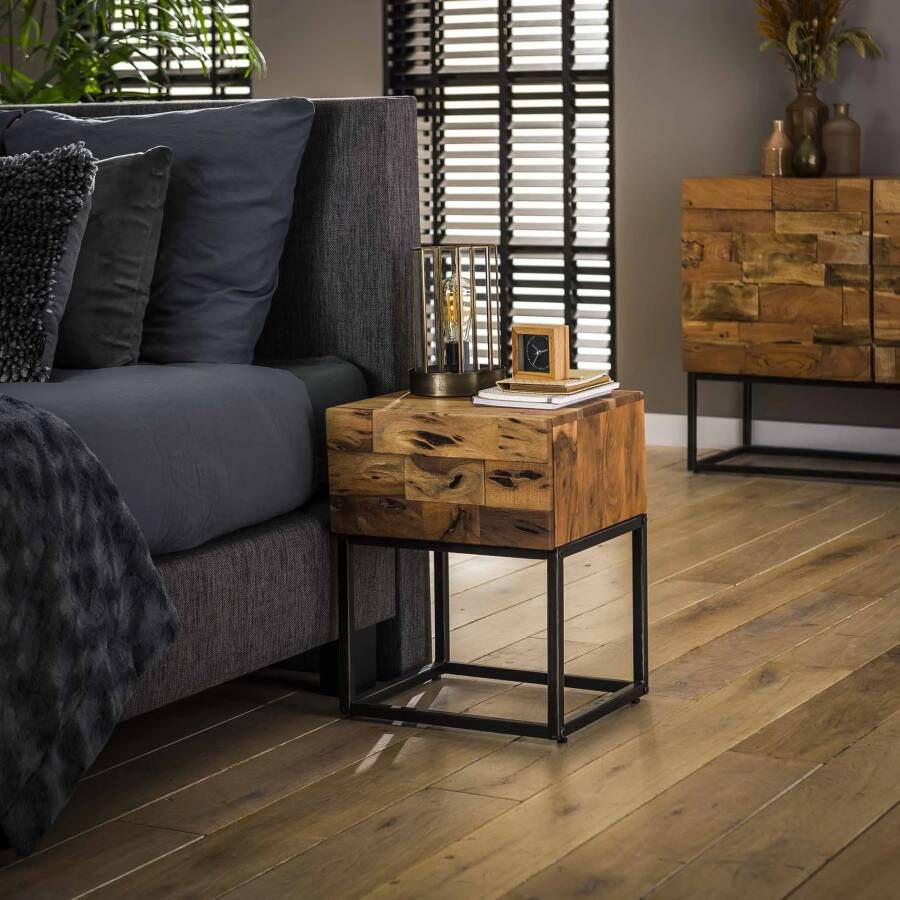 LifestyleFurn Nachtkastje Mill met 1 lade Massief acacia gezandstraald