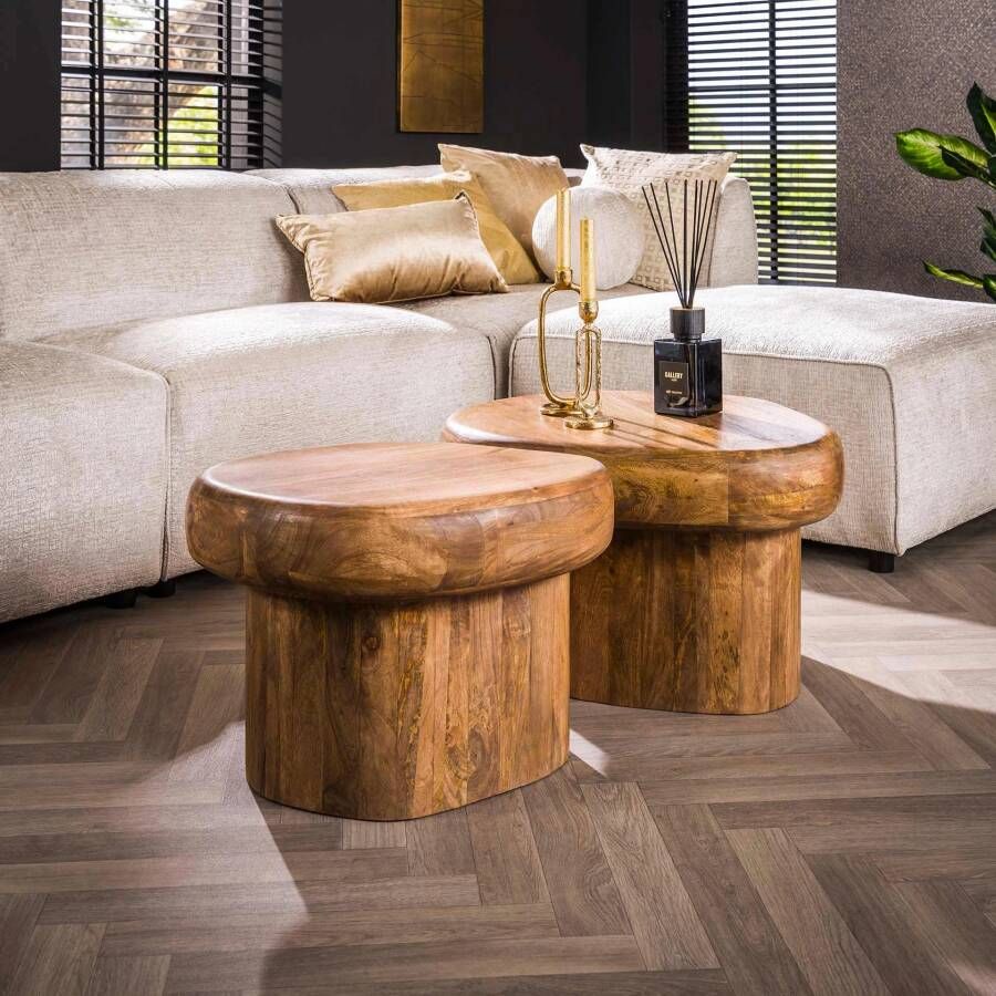 LifestyleFurn Organische Salontafel Manoah Mangohout Set van 2 stuks Massief mango zandkleur