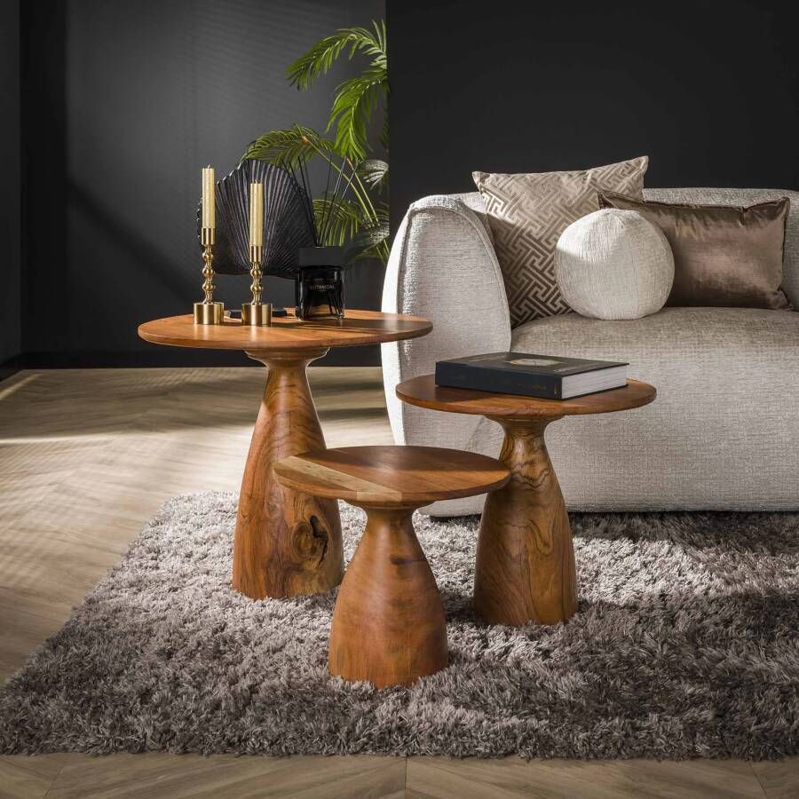 LifestyleFurn Ronde Salontafel Kalilah Acaciahout Set van 3 stuks Massief acacia naturel