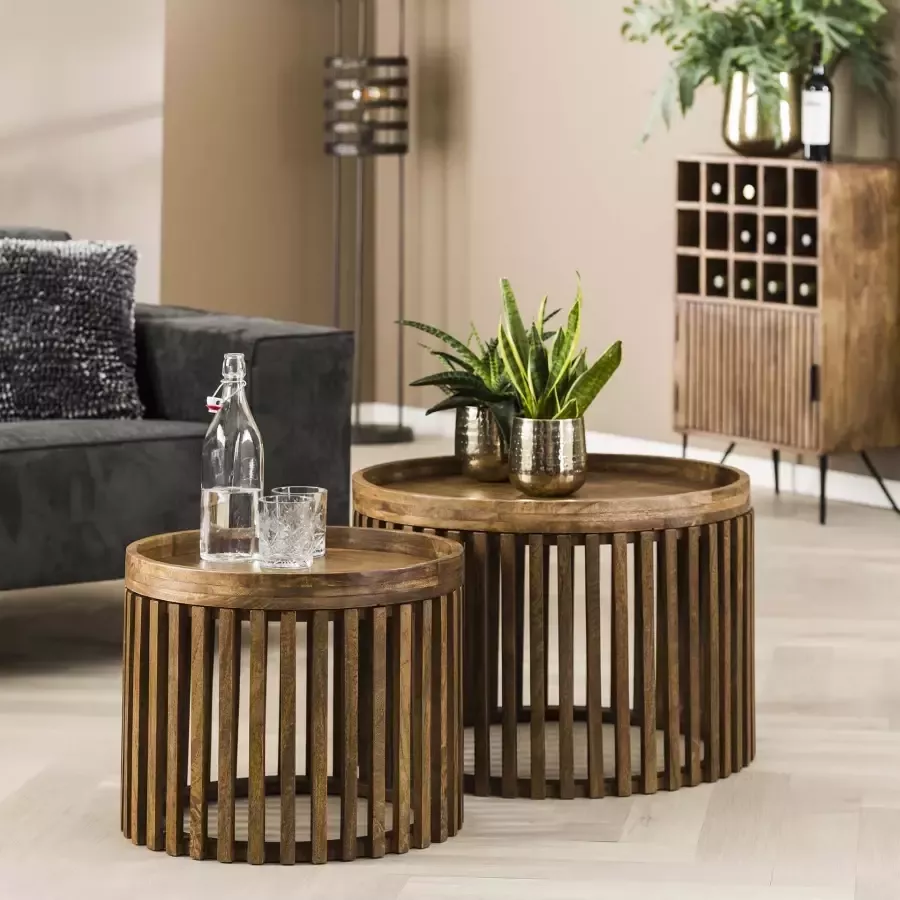 LifestyleFurn Salontafel Twiggy Mangohout Set van 2 stuks Massief mango zandkleur Rond