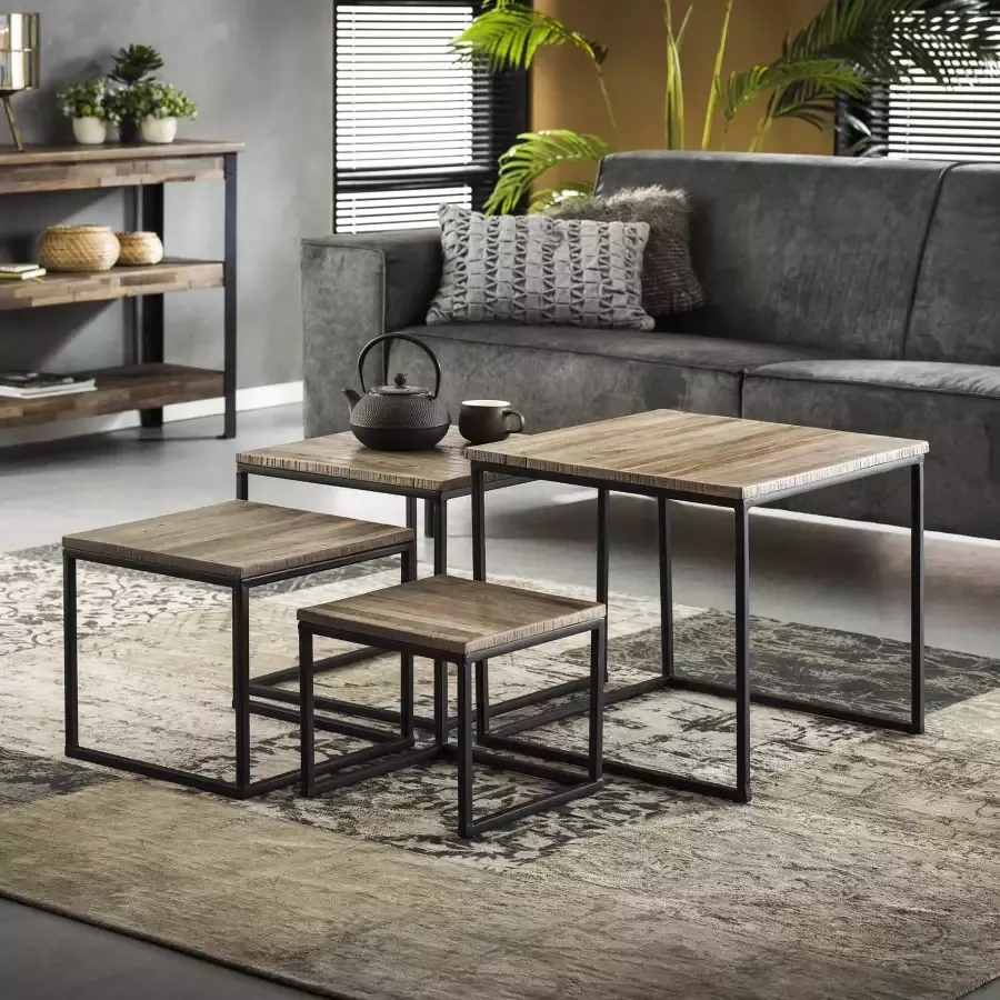 LifestyleFurn Salontafel Wytze Teakhout Set van 4 stuks Teakhout greywash Vierkant