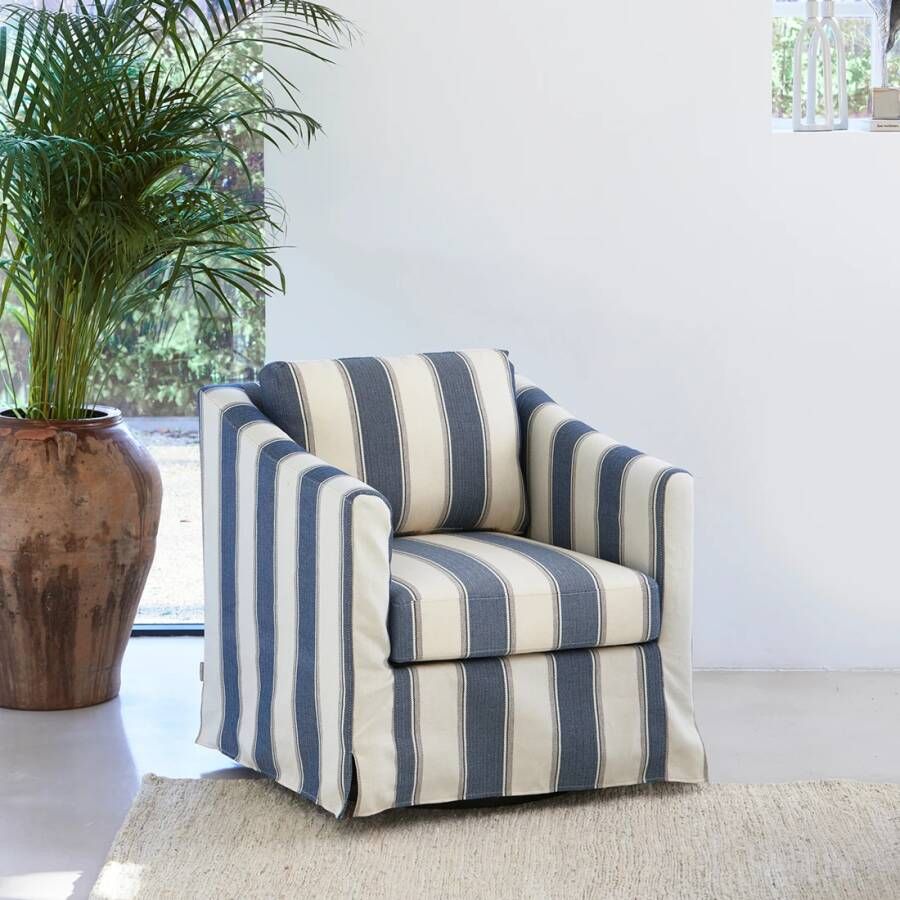 Riviera Maison Fauteuils met armleuning fauteuils draaibaar Moretta Swivel Armchair Polyester Rubberwood Iron Blauw Wit