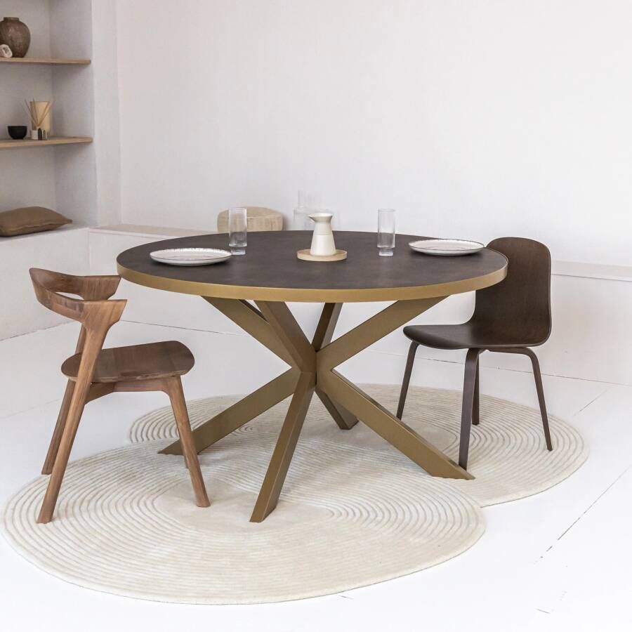 Stalux Ronde eettafel 'Daan' 120cm kleur goud lederlook bruin