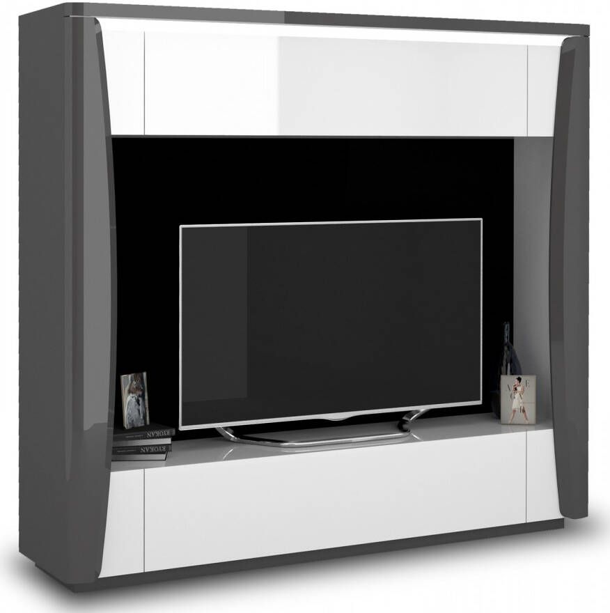 Ameubelment Tv meubel Tiago 180 cm hoog in hoogglans antraciet met wit