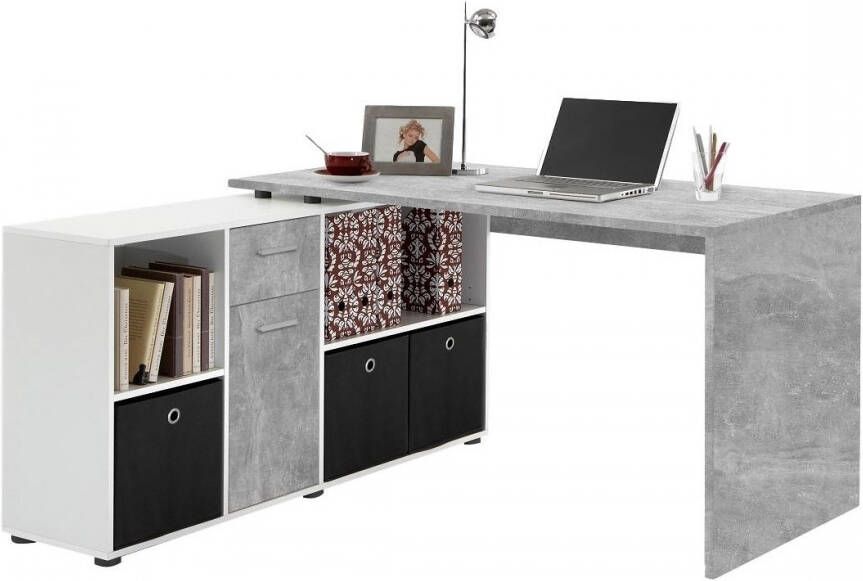 FD Furniture Hoekbureau Lex 136 cm breed in grijs beton met wit