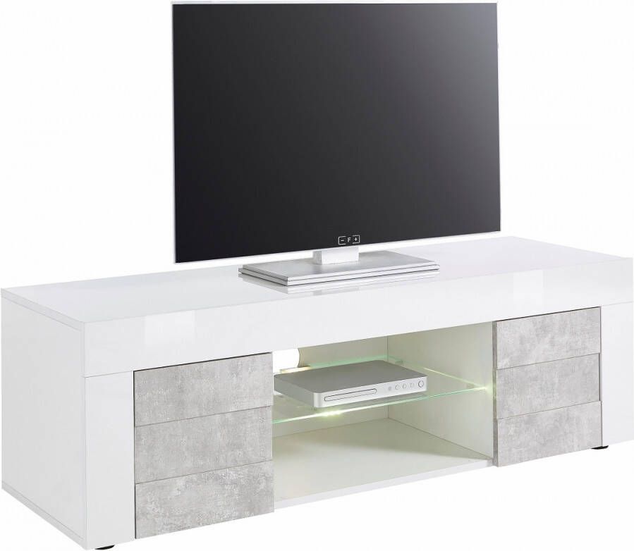 Pesaro Mobilia Tv meubel Easy 138 cm breed in hoogglans wit met grijs beton