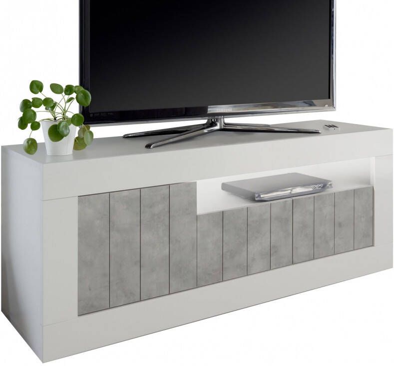 Pesaro Mobilia Tv meubel Urbino 138 cm breed in hoogglans wit met grijs beton