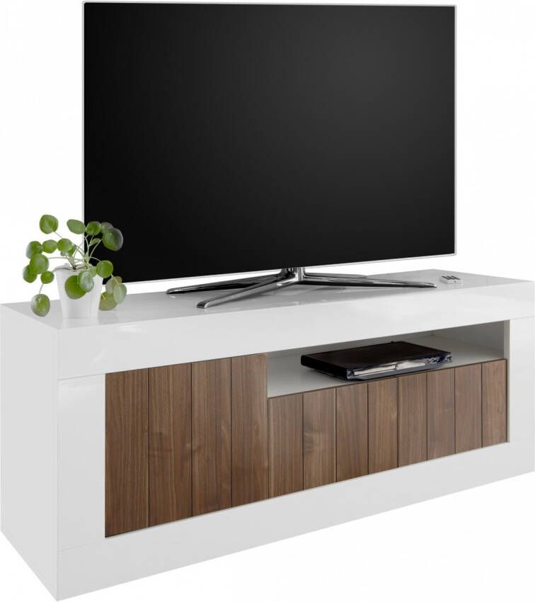 Pesaro Mobilia Tv meubel Urbino 138 cm breed in hoogglans wit met walnoot
