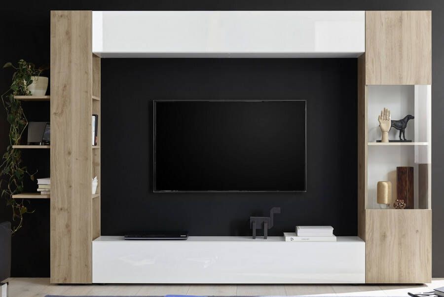 Pesaro Mobilia Tv wandmeubel Marina 295 cm breed in hoogglans wit met cadiz eiken