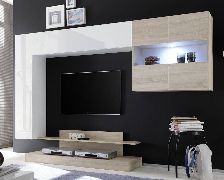 Pesaro Mobilia Tv wandmeubel Ramon 248 cm breed in hoogglans wit met eiken