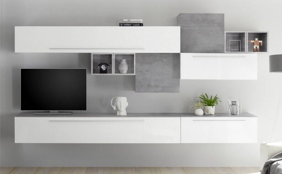 Pesaro Mobilia TV wandmeubel set Andree in hoogglans wit met grijs beton