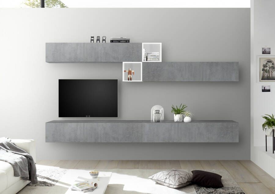 Pesaro Mobilia TV wandmeubel set Anya in hoogglans wit met grijs beton