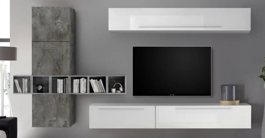 Pesaro Mobilia TV wandmeubel set Bonbon in hoogglans wit en Oxid met grijs beton