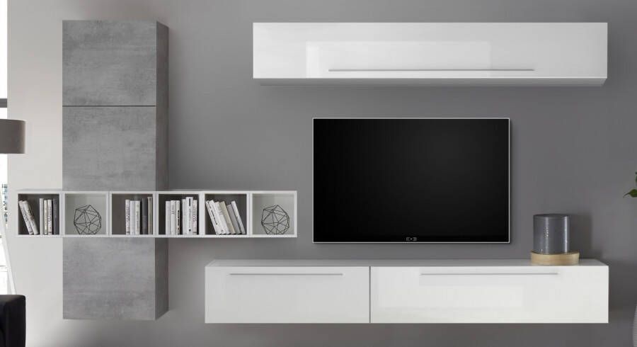 Pesaro Mobilia TV wandmeubel set Bonbon in hoogglans wit met grijs beton