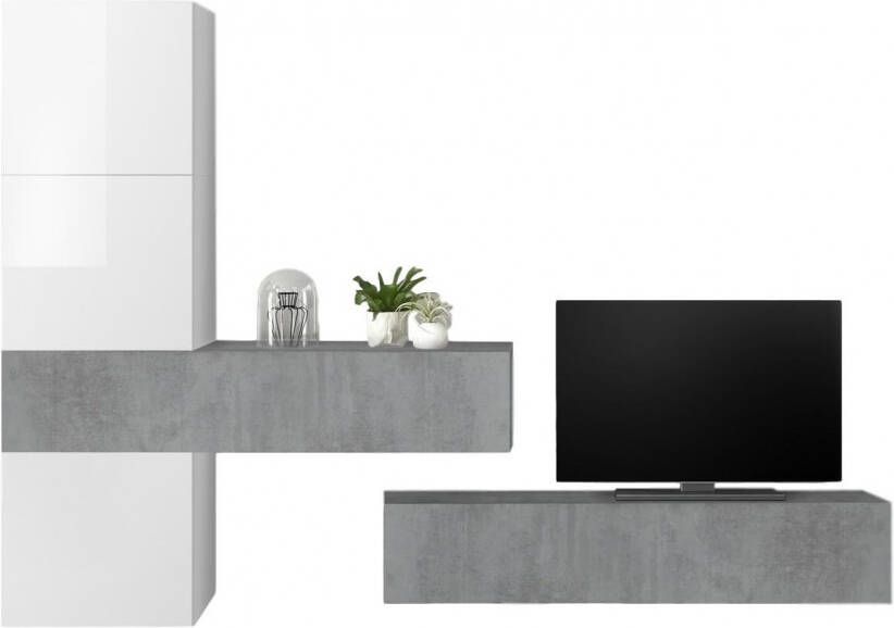 Pesaro Mobilia TV wandmeubel set Bruno in hoogglans wit met grijs beton online kopen