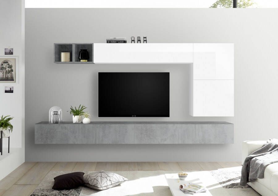 Pesaro Mobilia TV wandmeubel set Dorado in hoogglans wit met grijs beton