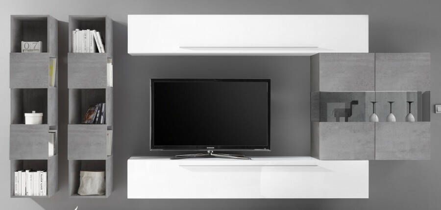 Pesaro Mobilia TV wandmeubel set Feder in hoogglans wit met grijs beton online kopen