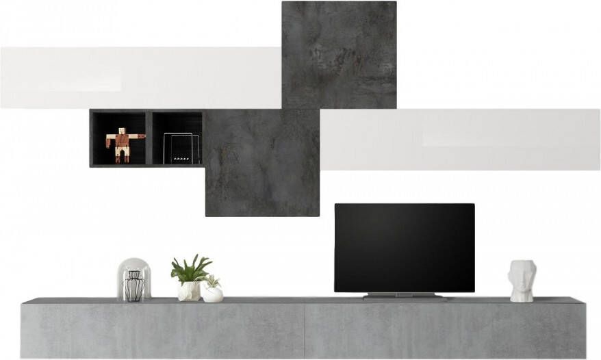 Pesaro Mobilia TV wandmeubel set Gilly in hoogglans wit met grijs beton en oxid