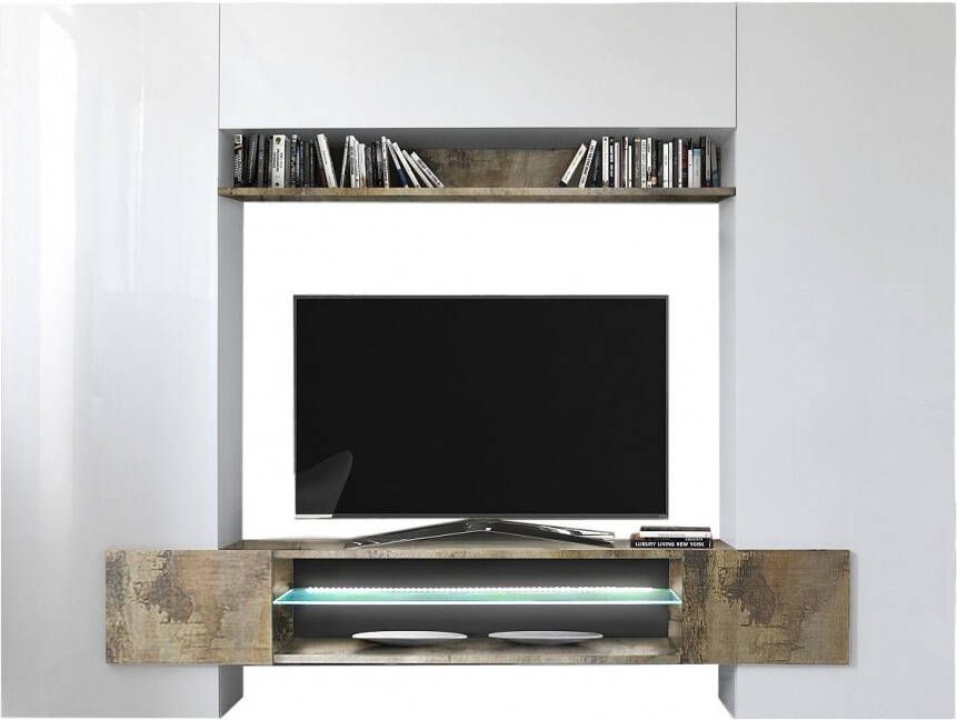 Pesaro Mobilia TV wandmeubel set Incastro 191 cm hoog Hoogglans wit met eiken
