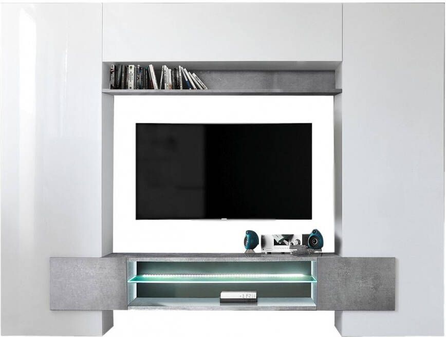 Pesaro Mobilia TV wandmeubel set Incastro 191 cm hoog Hoogglans wit met grijs beton
