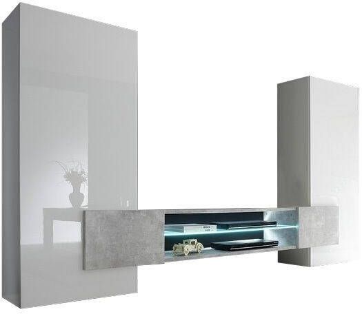 Pesaro Mobilia TV wandmeubel set Incastro 258 cm breed Hoogglans wit met grijs beton