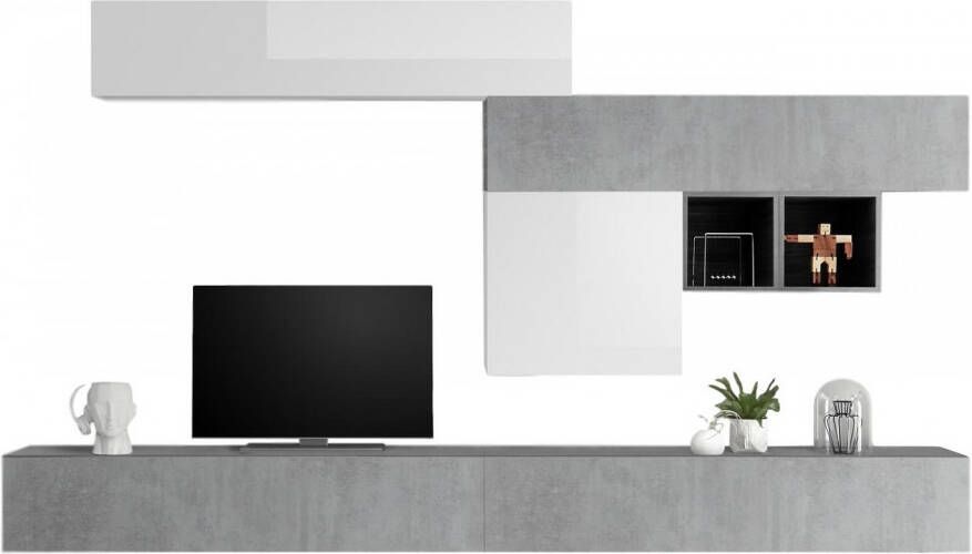 Pesaro Mobilia TV wandmeubel set Kera in hoogglans wit met grijs beton