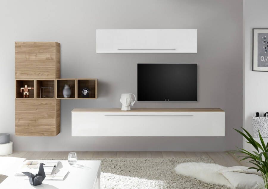 Pesaro Mobilia TV wandmeubel set Kevin in hoogglans wit met eiken