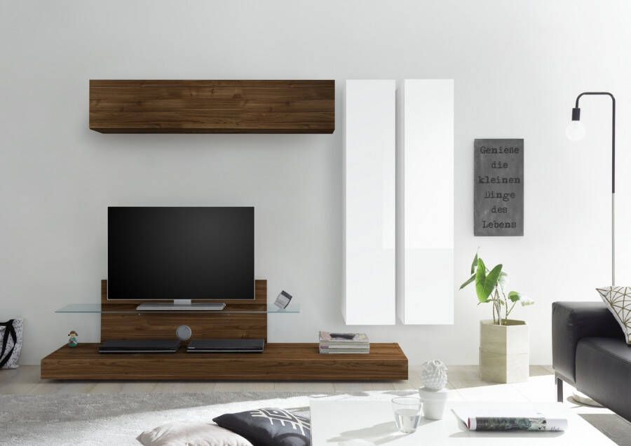 Pesaro Mobilia TV wandmeubel set Maroon in hoogglans wit met walnoot