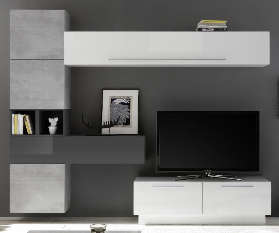 Pesaro Mobilia TV wandmeubel set Toca in hoogglans wit en grijs met grijs beton