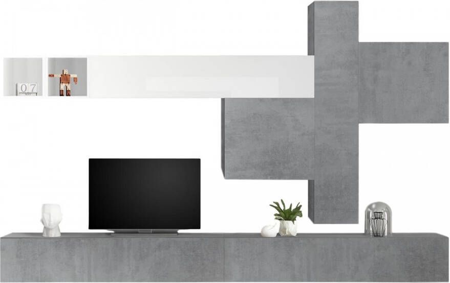Pesaro Mobilia TV wandmeubel set Tyrion in hoogglans wit met grijs beton