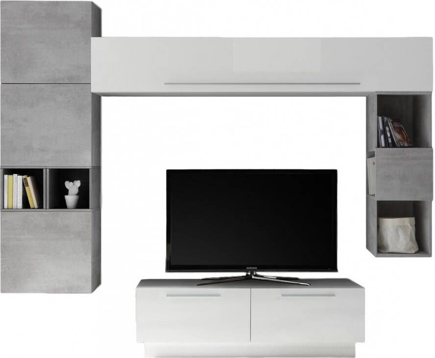 Pesaro Mobilia TV wandmeubel set Wolker in hoogglans wit met grijs beton