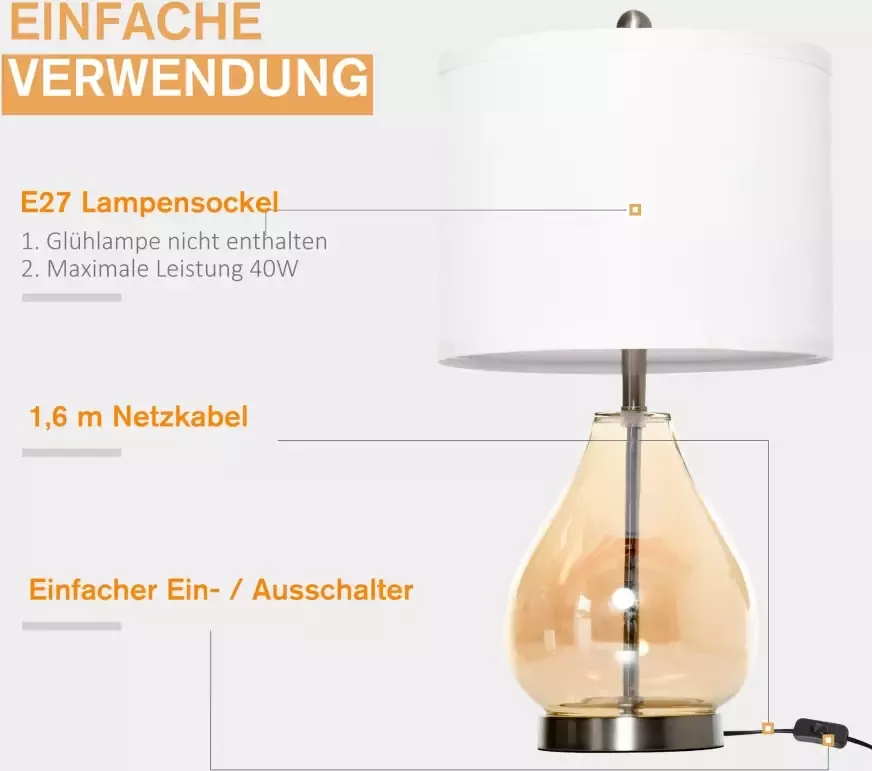 HOMdotCOM 2-set tafellampen tafelverlichting E27 bedlampje linnen glas amber - Foto 2