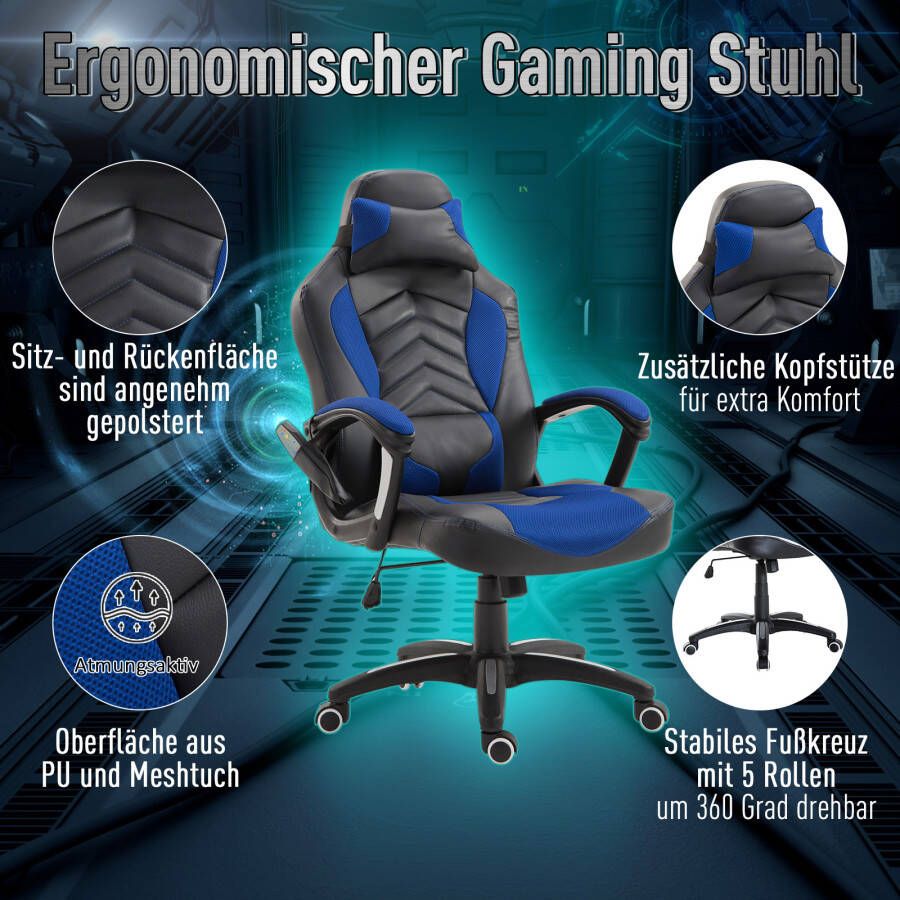 Homcom HOMdotCOM Bureaustoel ergonomisch gamingstoel met massagefunctie blauw