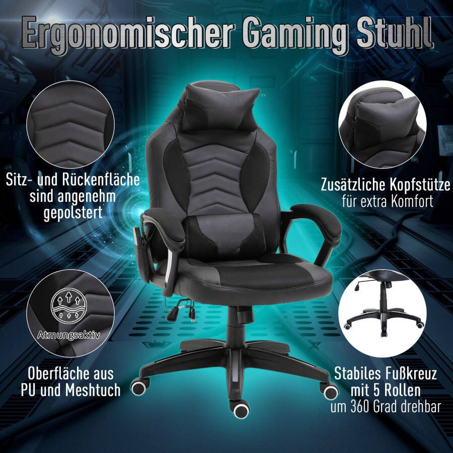 HOMdotCOM Bureaustoel ergonomisch gamingstoel met massagefunctie zwart - Foto 2