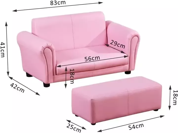 HOMdotCOM Kinderbank sofa met voetenbank roze | 3 7 jaar | 83 x 42 x 41 cm - Foto 3