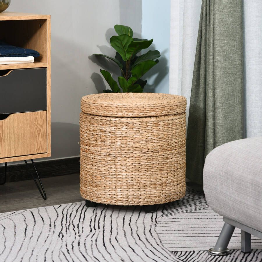 Homcom Poef met opbergruimte poef opbergbox stro rotan kaki 837-072 - Foto 2