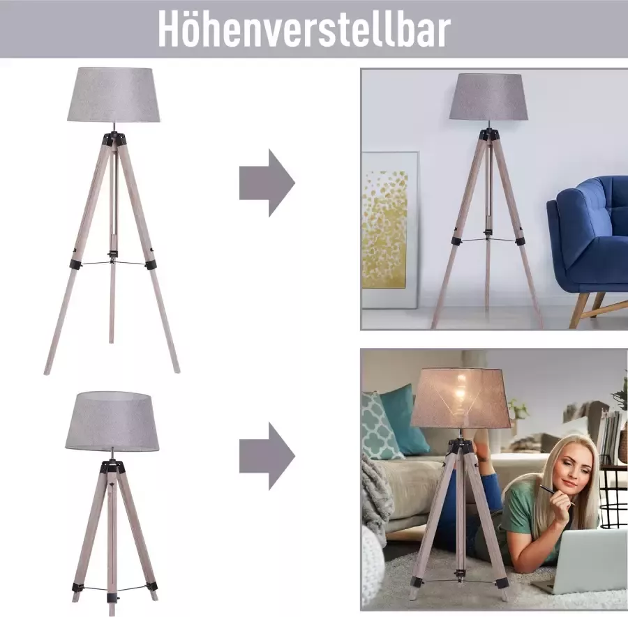 HOMdotCOM Vloerlamp tripod hoogte verstelbaar naturel hout grijs 65 x 65 x 99 143 cm - Foto 2