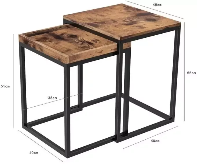 Hoout Bijzettafel Salontafel Industrieel 2-Delig 45 X 40 X 55 Cm En 40 X 38 X 51 Cm -Bruin En Zwart