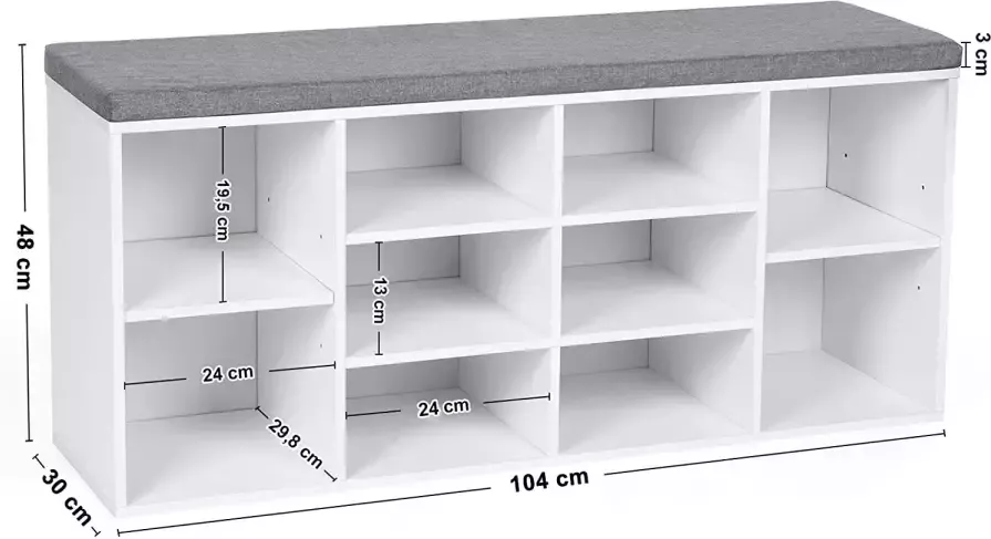 Hoout Schoenenkast Schoenenrek met Zitbank en Zitkussen 104 x 30 x 48 cm - Foto 2