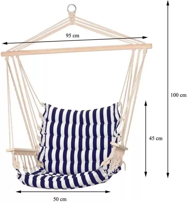 Pro Garden Hangmat Stoel Blauw Wit strepen + INCL. Ophangset voor Hangmat - Foto 1