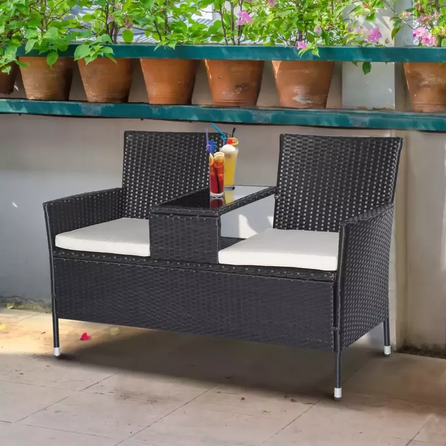 Sunny Poly-rotan tuinbank met tafel tuinbank bank 2-zits staal zwart