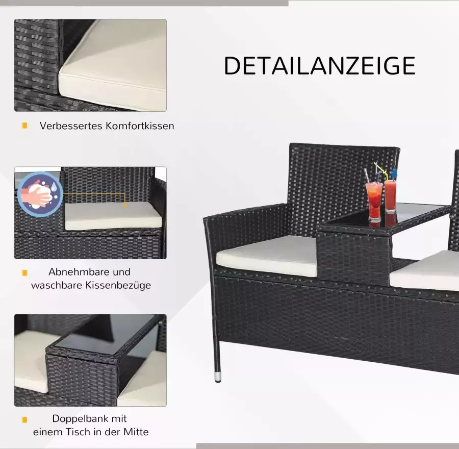 Sunny Poly-rotan tuinbank met tafel tuinbank bank 2-zits staal zwart - Foto 2