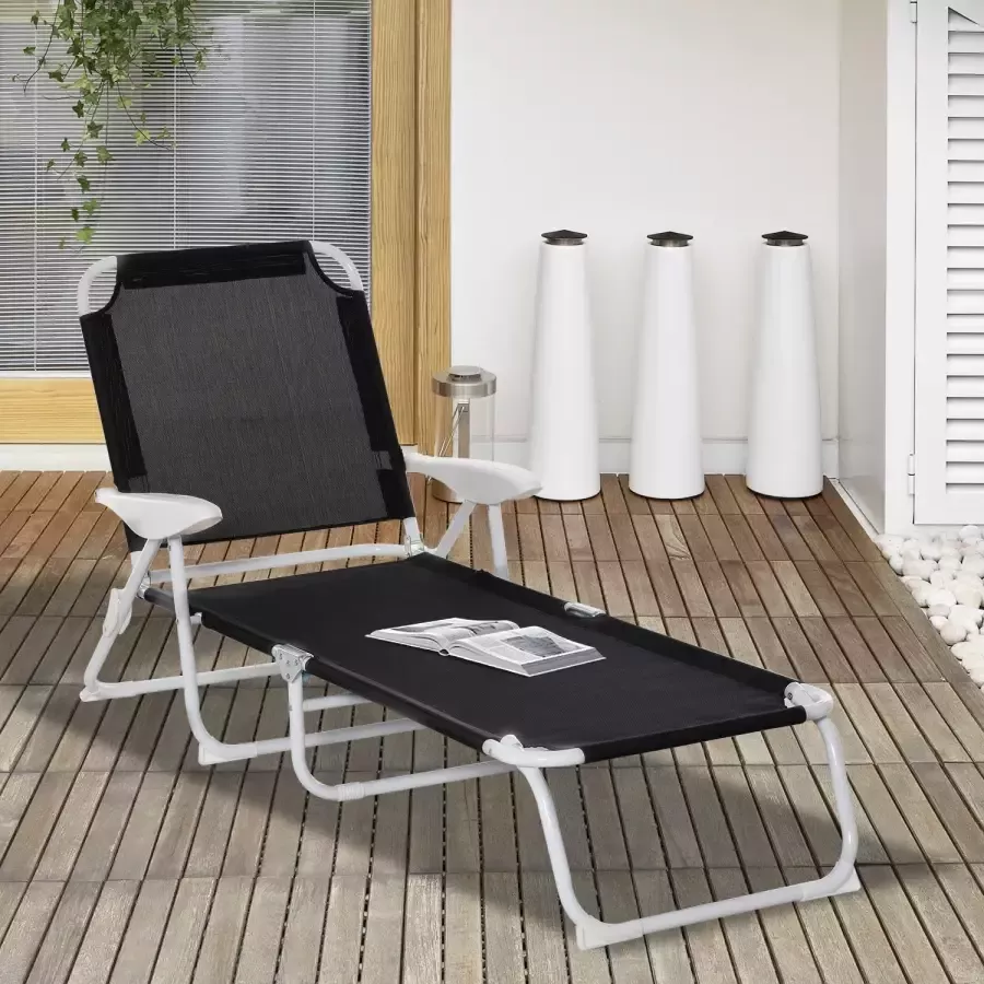 Sunny Strandligstoel Opvouwbaar Ligbed Zonnebed Opvouwbaar Tuinligstoel Textiel 4-Steps Zwart